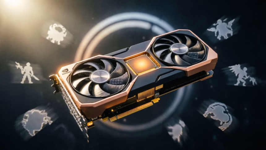 Close-up of a computer graphics card with cooling fans and circuitry