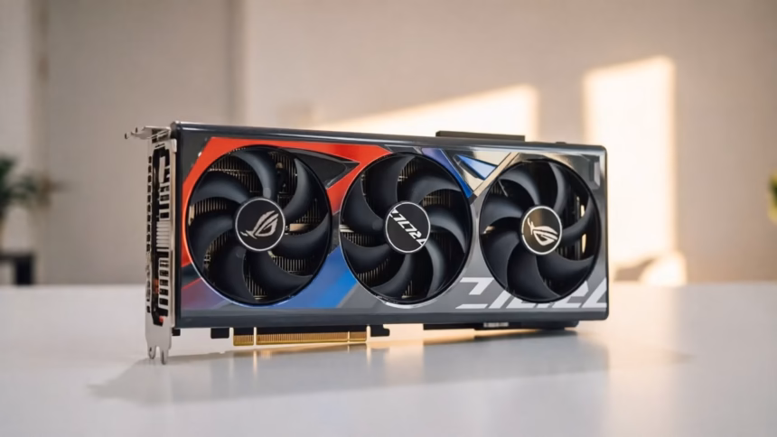 Close up of an nvidia graphics card with cooling fans