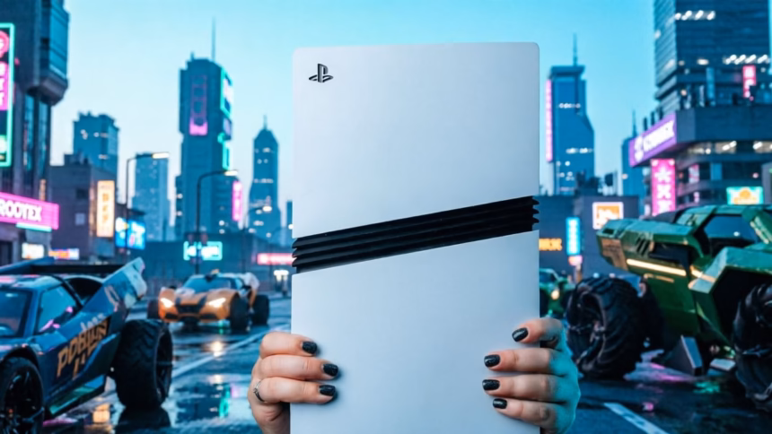 PlayStation 5 Pro Shortage: Retailers Sold Out, Sony Scrambles | Smart Tech, Sharp Takes - CRYOVEX.com A close-up of a white playstation 5 pro console standing vertically against a dark background.