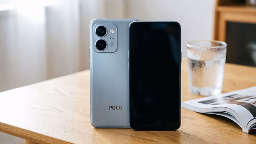 Poco x8s smartphone showing its compact design and rear camera module