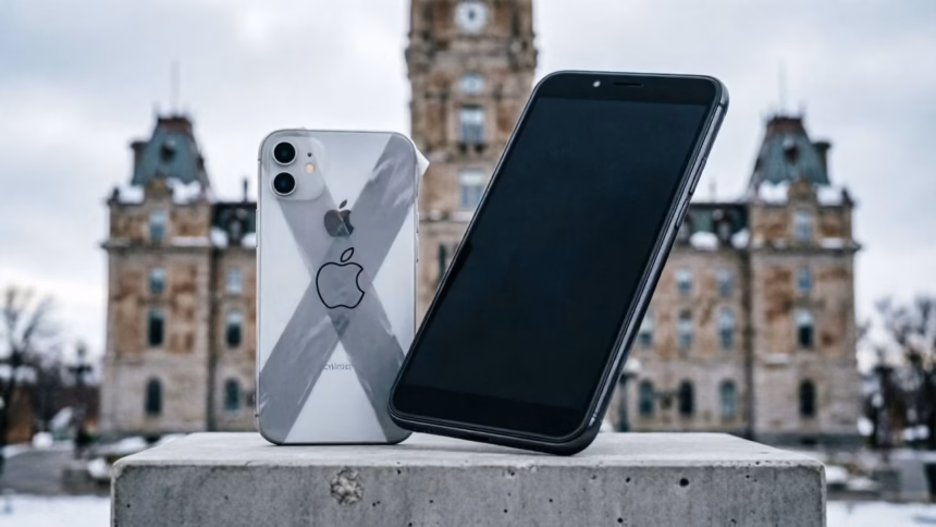 Quebec Police Drama Antigang Drops iPhones for Android Amidst Apple’s Strict Media Rules | Smart Tech, Sharp Takes - CRYOVEX.com Samsung galaxy smartphone displayed as a prop in a television studio setting