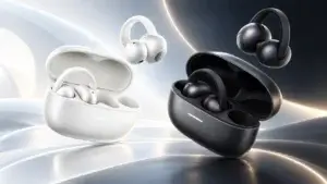 Editorial illustration of redmi clip neo open-ear earbuds in black and white, featuring their curved ear clips and open charging cases.