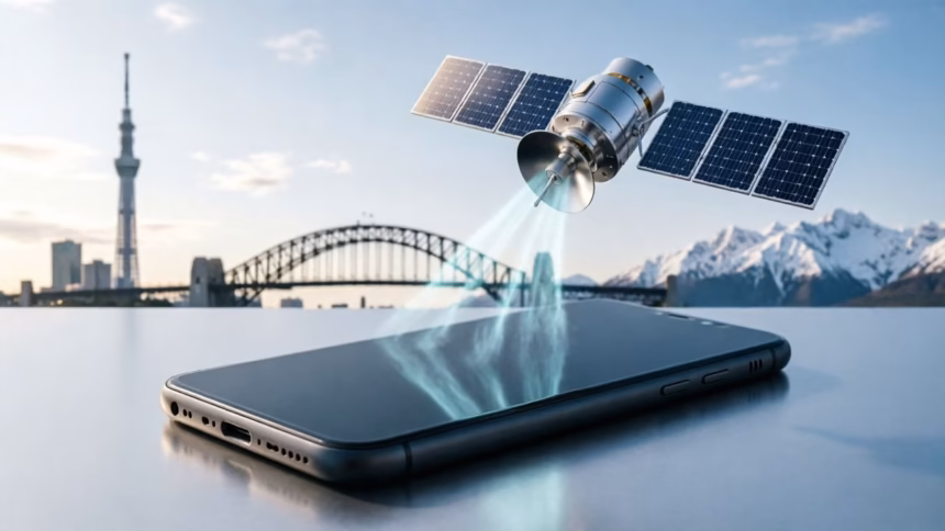 Rogers Extends Satellite-to-Mobile Roaming to Japan, Australia, and New Zealand | Smart Tech, Sharp Takes - CRYOVEX.com A smartphone displaying a satellite connection icon against a backdrop of distant mountains and sky.