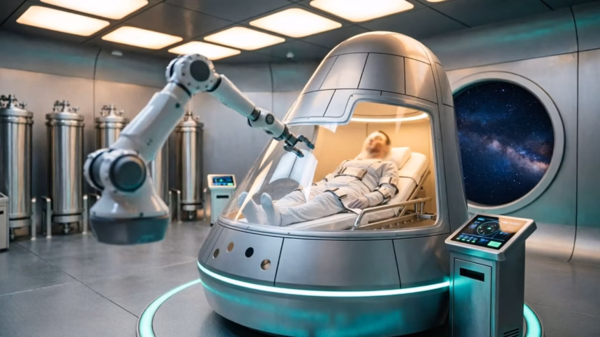 Conceptual rendering of russia's new reusable crewed spacecraft against a starry background