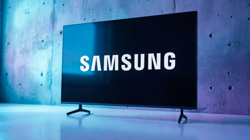 Close-up of a modern samsung smart tv screen displaying the tizen interface menu against a dark background.