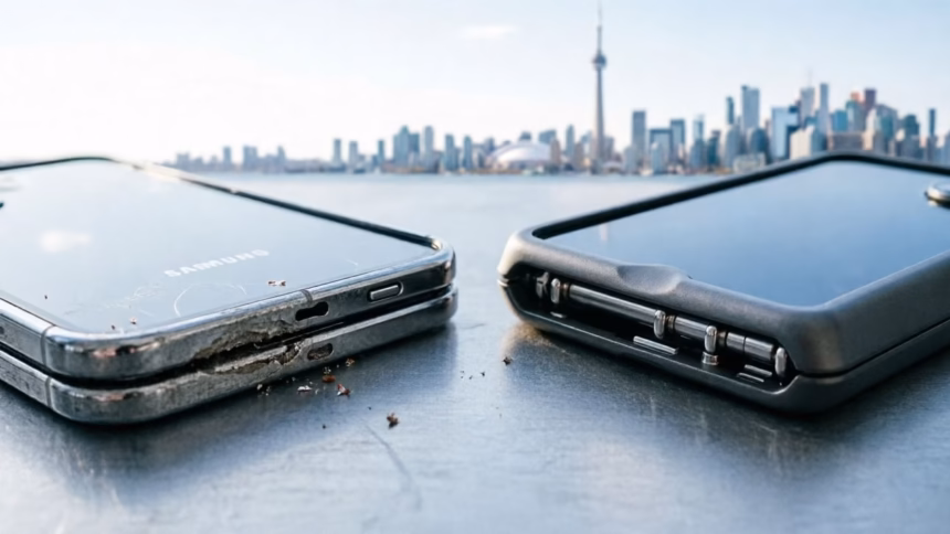 Advertisement comparing samsung galaxy z fold8 and apple iphone duo durability