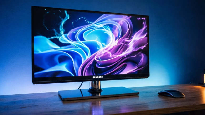 Samsung TVs May Use Connected Bluetooth Devices to Listen In | Smart Tech, Sharp Takes - CRYOVEX.com Close-up of a modern flat-screen television with a sleek black bezel sitting on a wooden stand in a dimly lit living room.