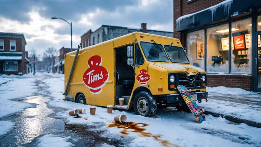Gameplay screenshot of a skateboarder performing a trick near a snowy landscape with a tim hortons sign in the background