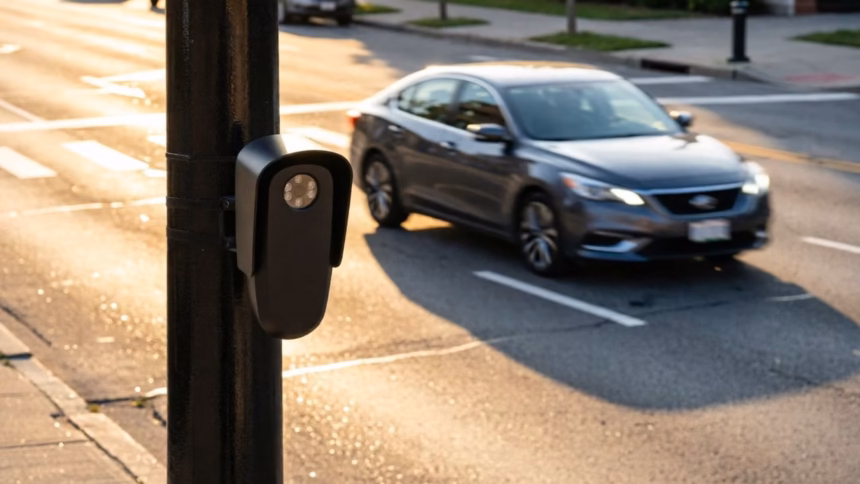 Police officer using a handheld device near a street corner with urban background