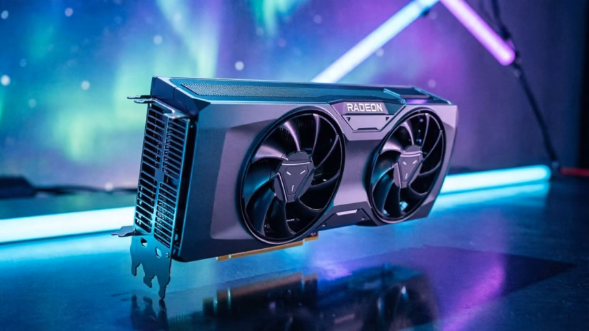 Close-up of a vintage amd graphics card with visible circuitry and cooling fins