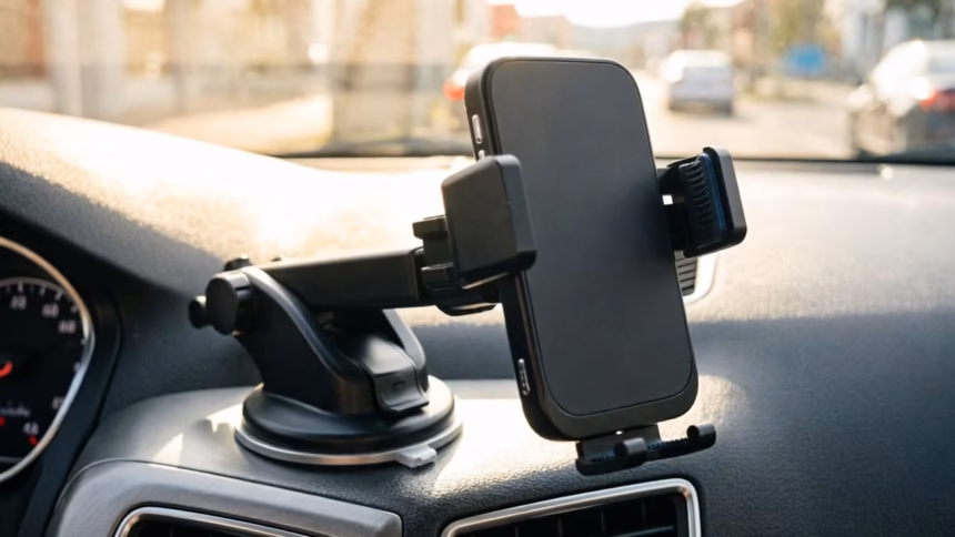 Collection of ugreen car accessories including chargers and mounts arranged on a vehicle dashboard