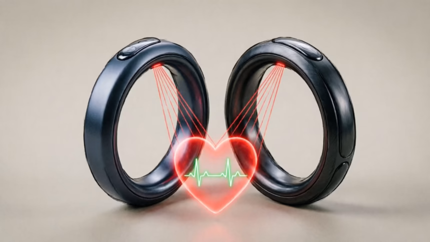 Ultrahuman smart ring displayed alongside a smartphone showing the health monitoring interface