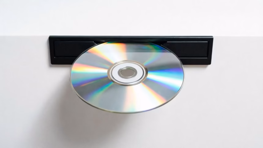 A close-up of a modern black blu-ray player with disc tray open