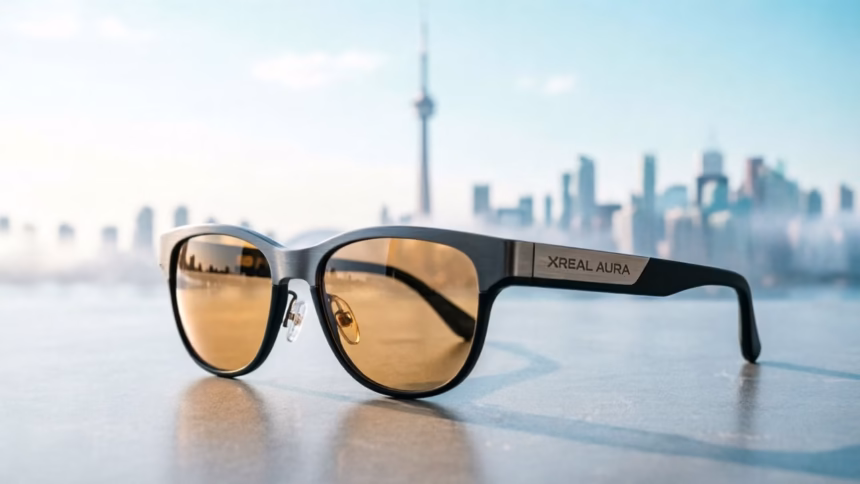 Xreal Aura Smart Glasses Launching in Canada 'Just Weeks Away' With Premium Pricing | Smart Tech, Sharp Takes - CRYOVEX.com Conceptual rendering of xreal aura smart glasses worn by a user